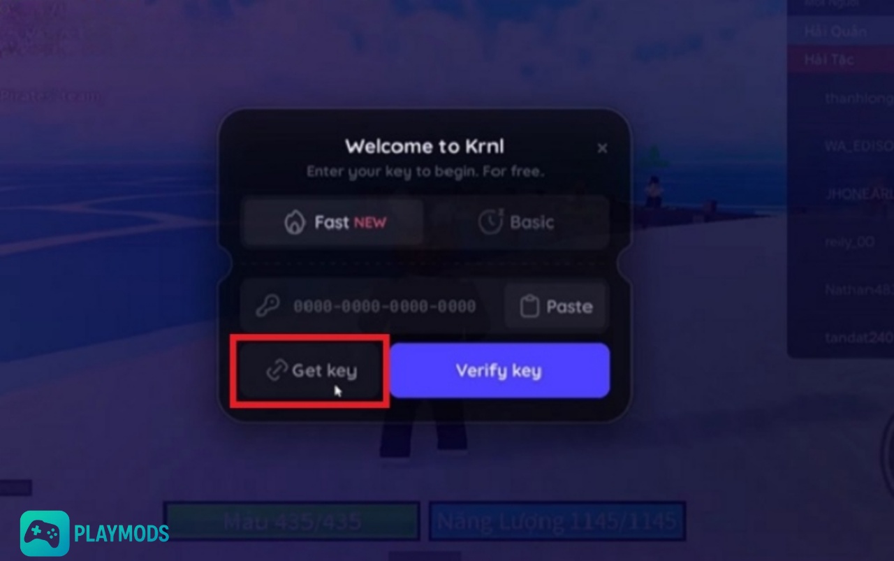Tải Krnl X ROBLOX (VNG/QT) v2.704 Mới Nhất Cho Điện Thoại Nhấn vào Logo Của Krnl Chọn “Get Key”